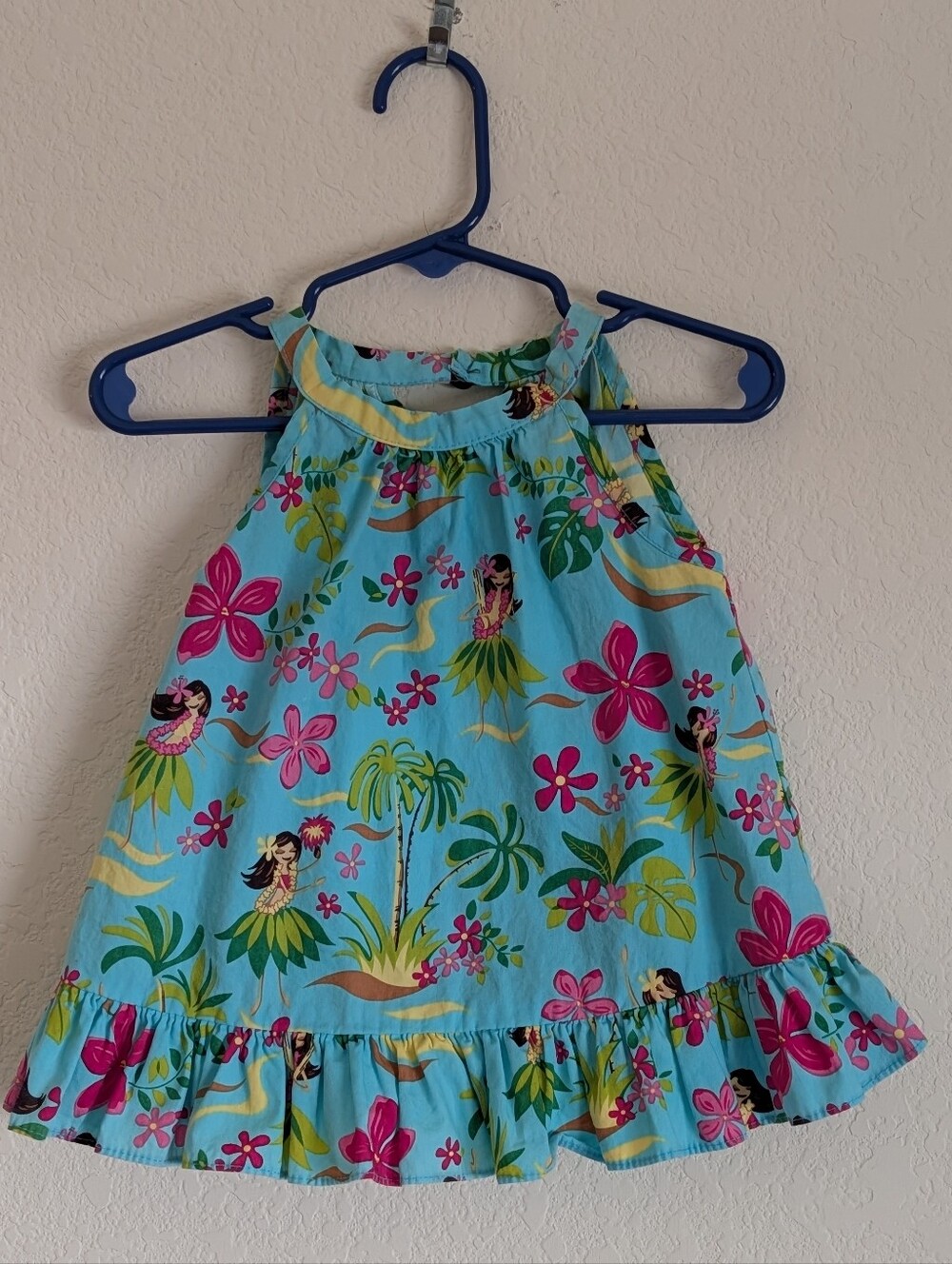 Lei Aloha Girls' Blue Halter Dress with Pink Tropical Print 12M